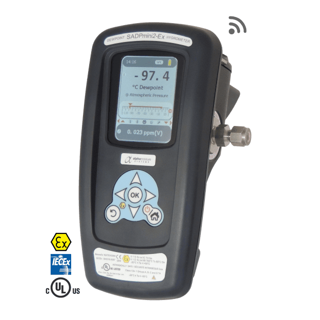 Certified intrinsically safe to IECEx, ATEX, and cULus standards, our SADPmini2-Ex portable dewpoint hygrometer combines safety and performance