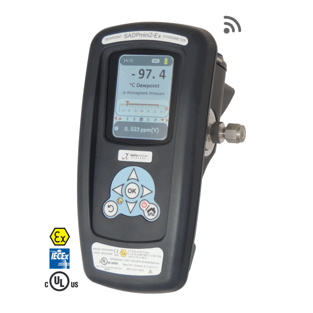 Certified intrinsically safe to IECEx, ATEX, and cULus standards, our SADPmini2-Ex portable dewpoint hygrometer combines safety and performance